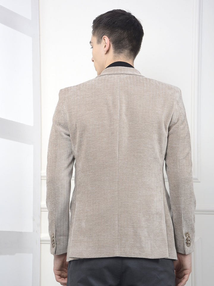 Beige Vertical Striped Notched Lapel Single Breasted Blazer