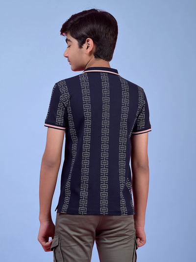 Navy Blue Printed Polo Neck T-Shirt