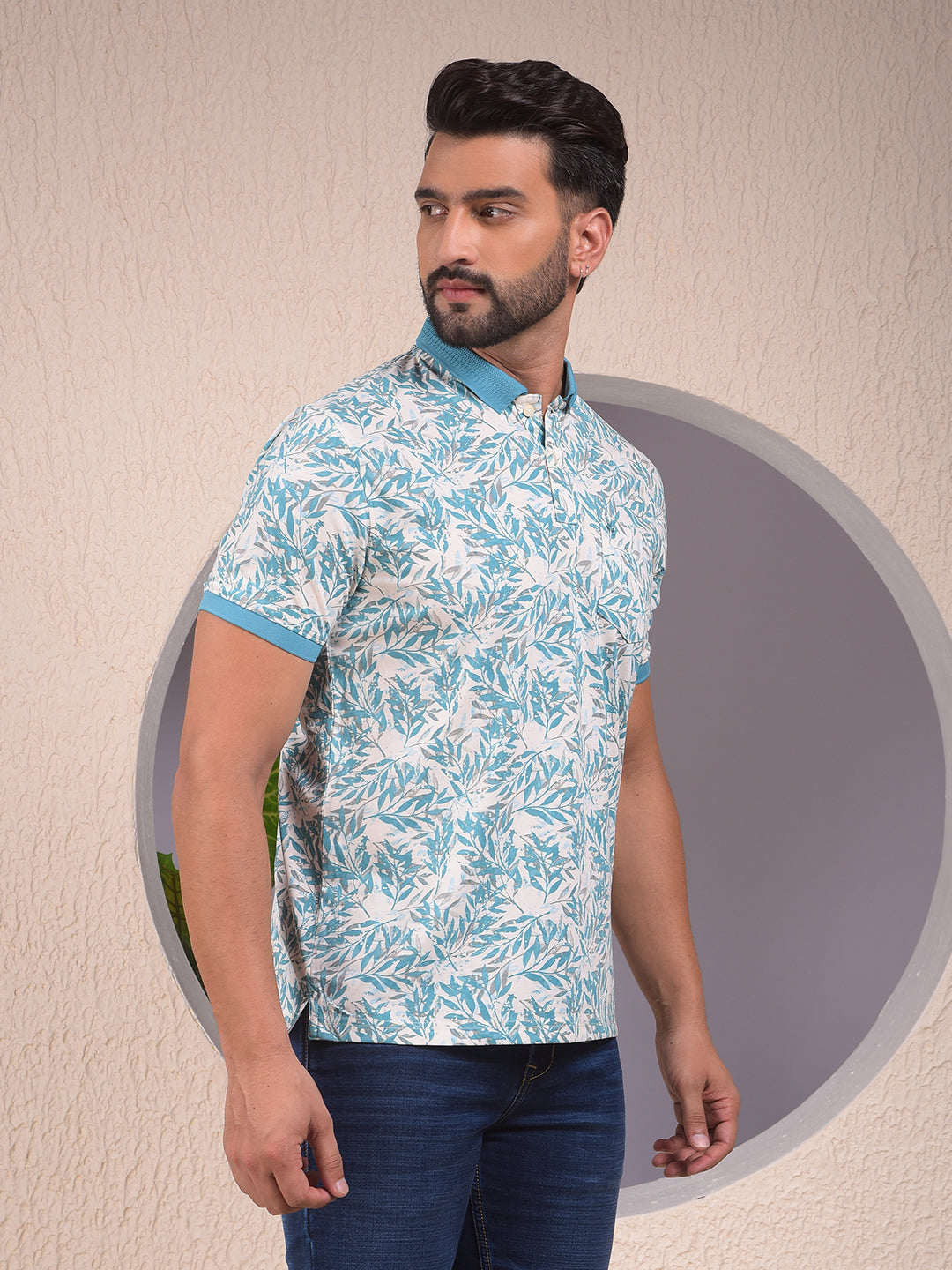 Blue Floral Print Polo Neck T-Shirt
