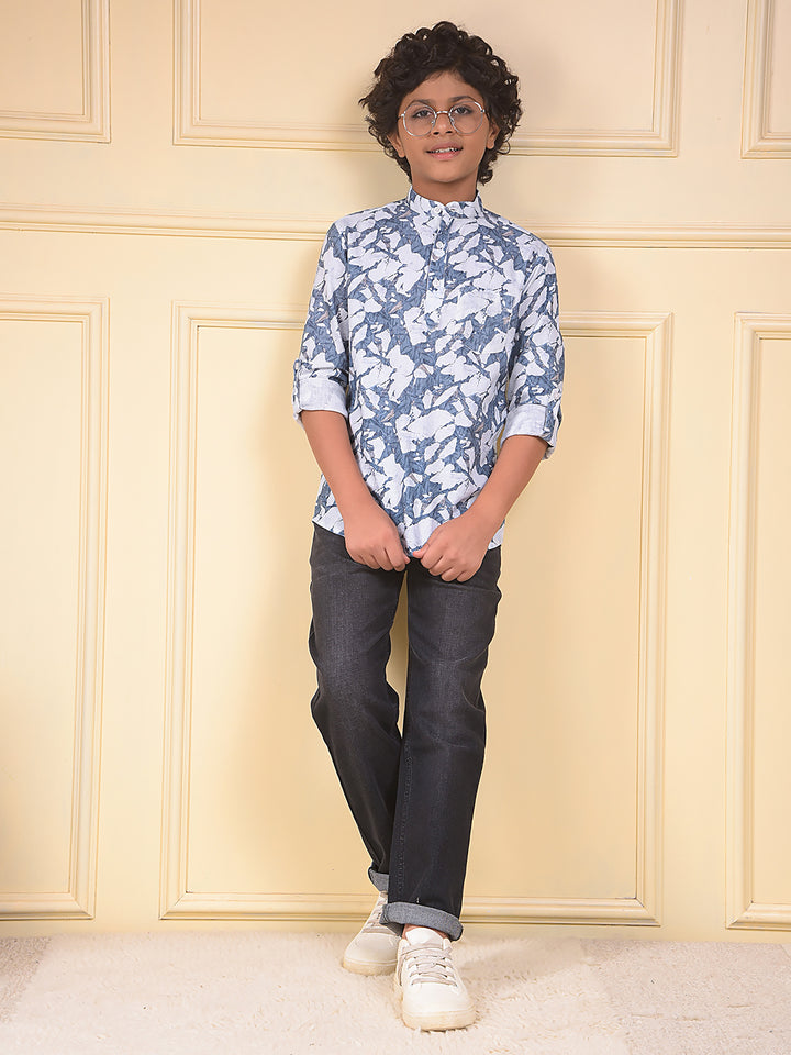 Blue Floral Print Linen Kurta