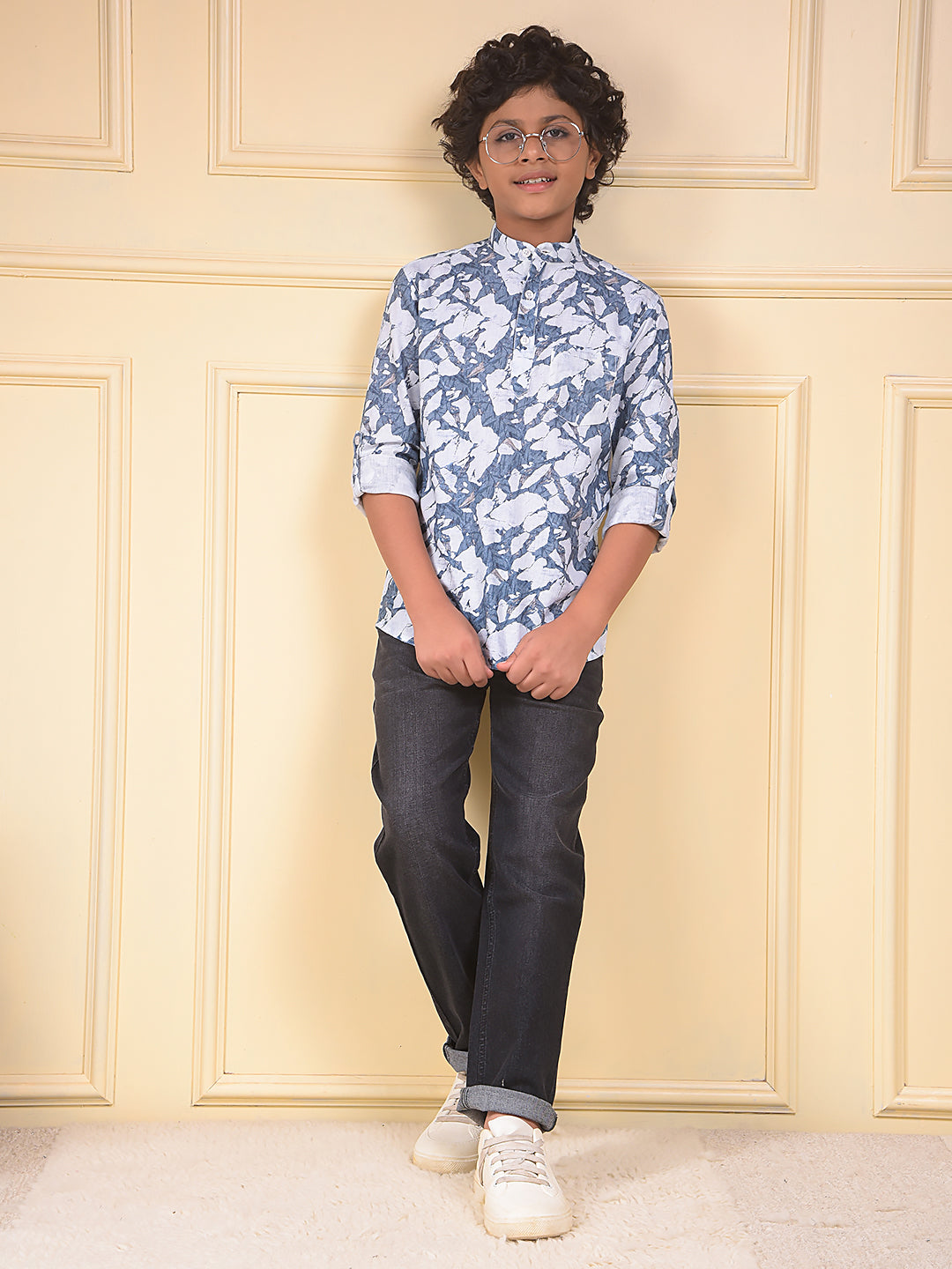 Blue Floral Print Linen Kurta