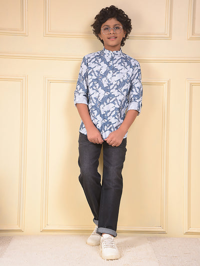 Blue Floral Print Linen Kurta