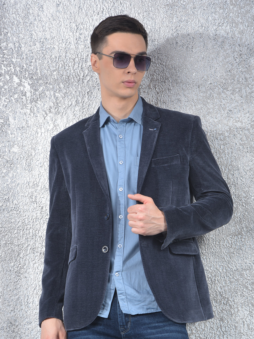 Blue Single-Breasted Velvet Blazer