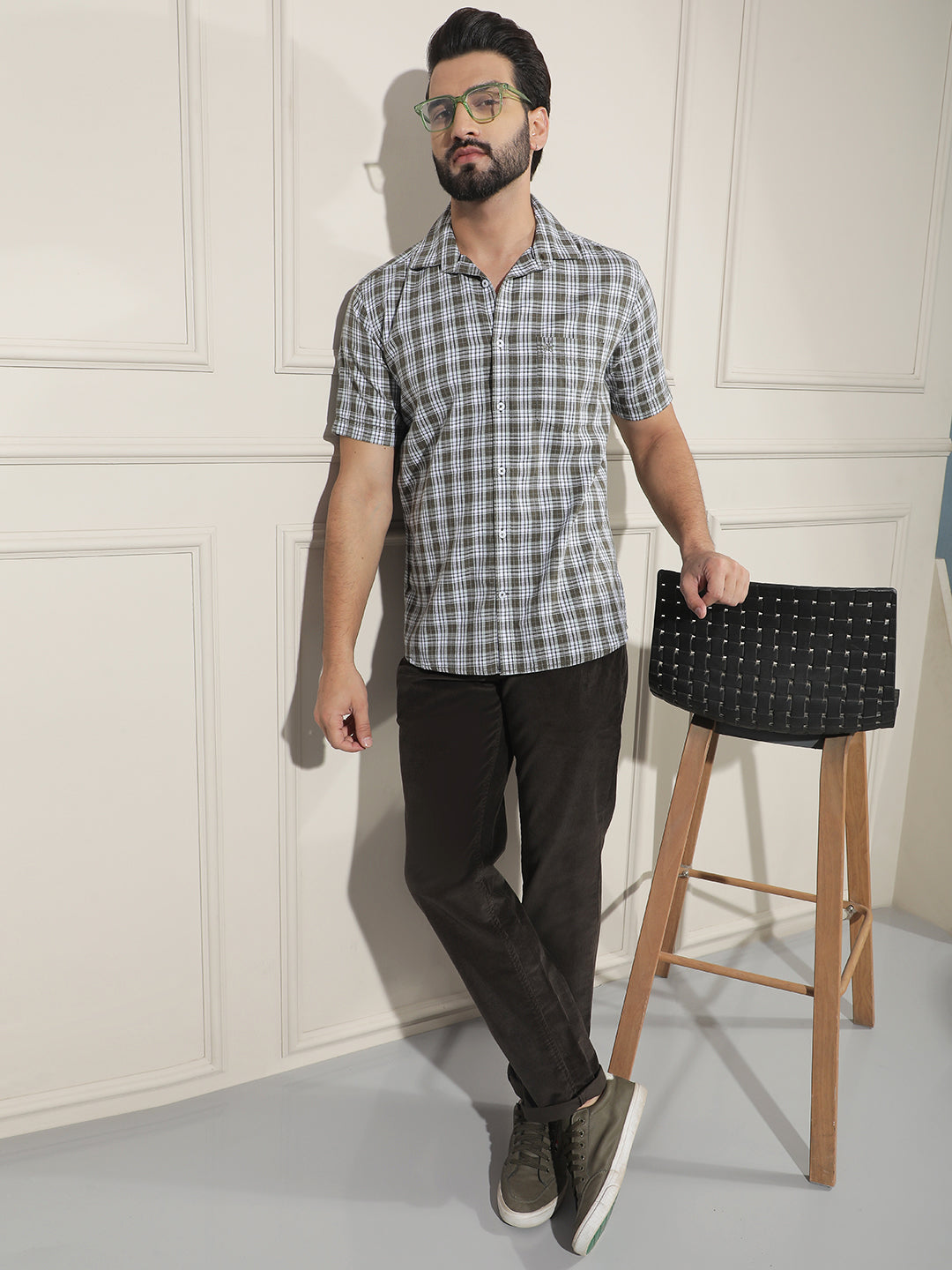 Olive Checked 100% Cotton Shirt