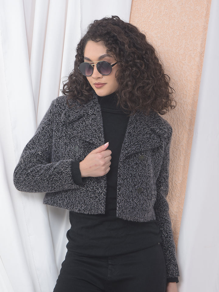 Black Notched Lapel Cropped Fur Coat