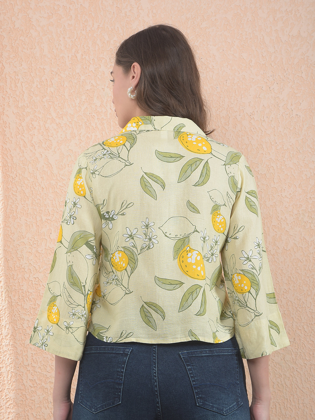 Printed Linen Yellow Crop Shirt With Extended Sleeves