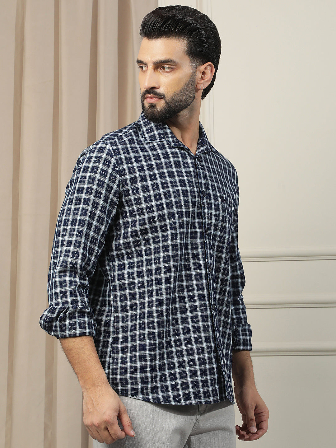 Navy Blue 100% Cotton Checked Shirt