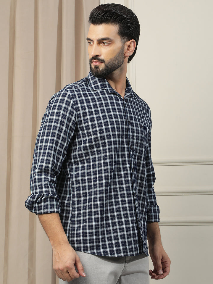 Navy Blue 100% Cotton Checked Shirt