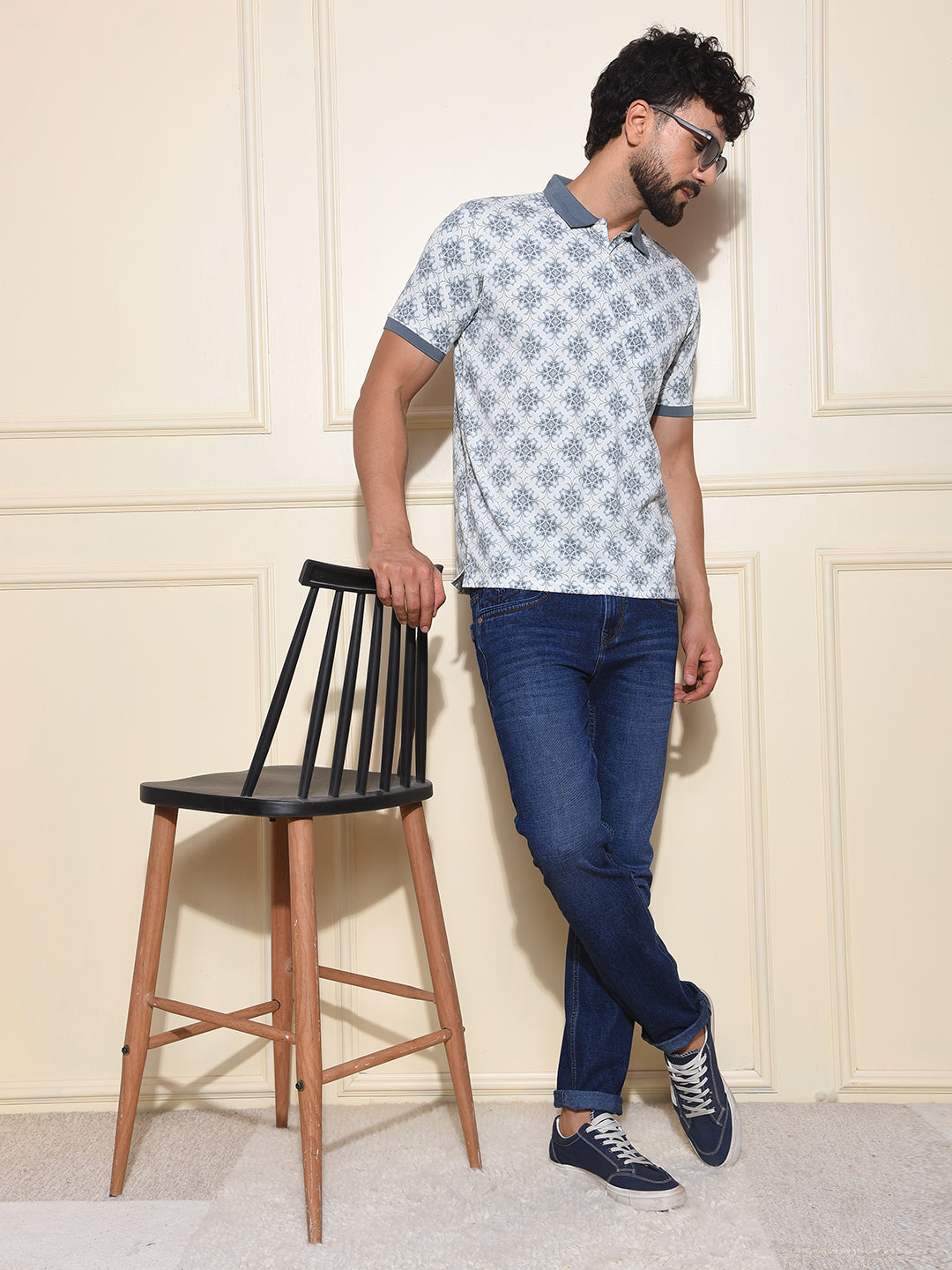Blue Printed Polo-Neck T-Shirt