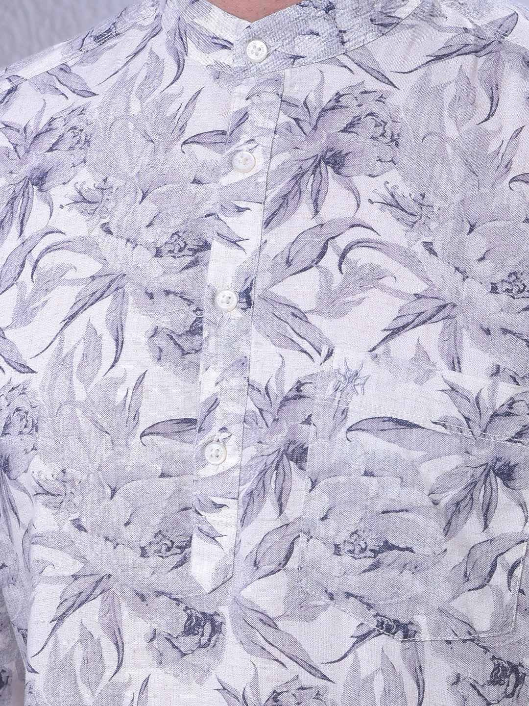 Purple Floral Print Linen Kurta