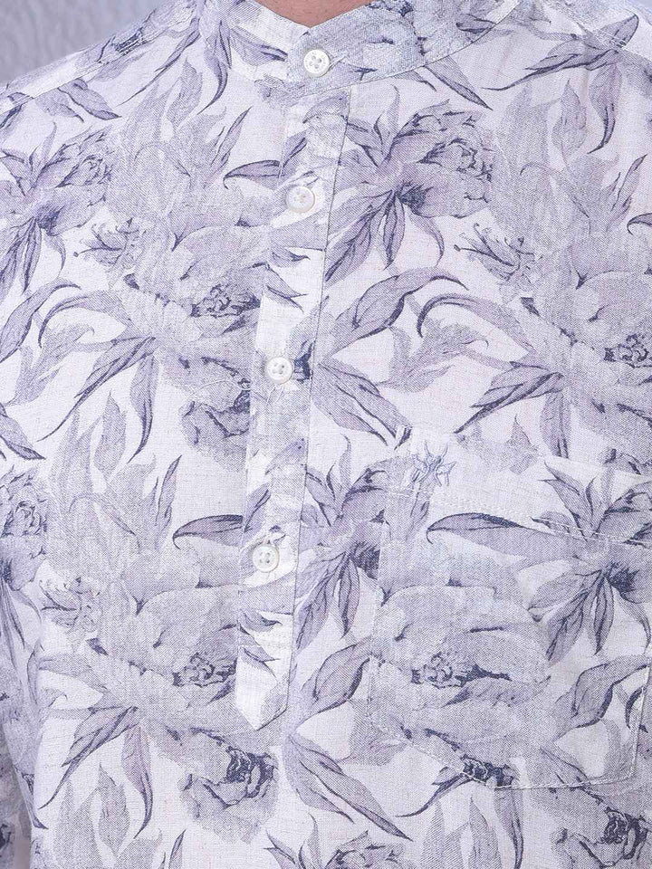 Purple Floral Print Linen Kurta