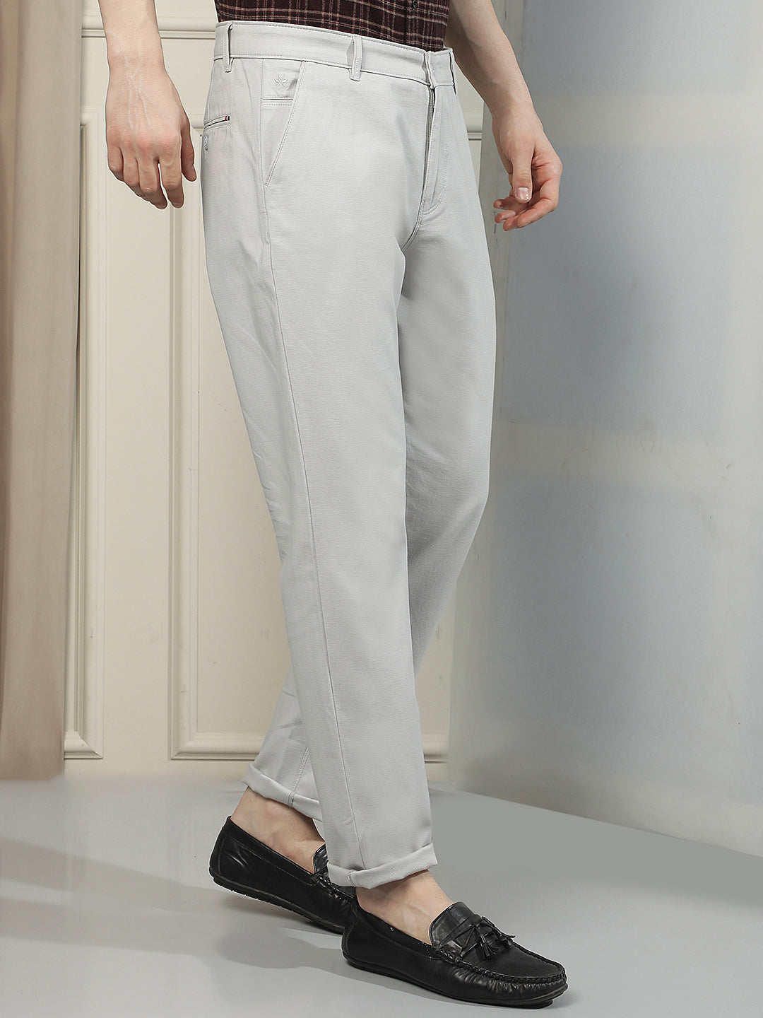 Grey Cotton Stretchable Dobby Trousers