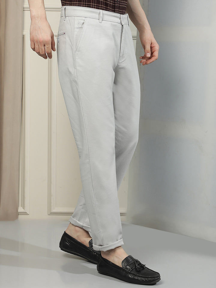 Grey Cotton Stretchable Dobby Trousers