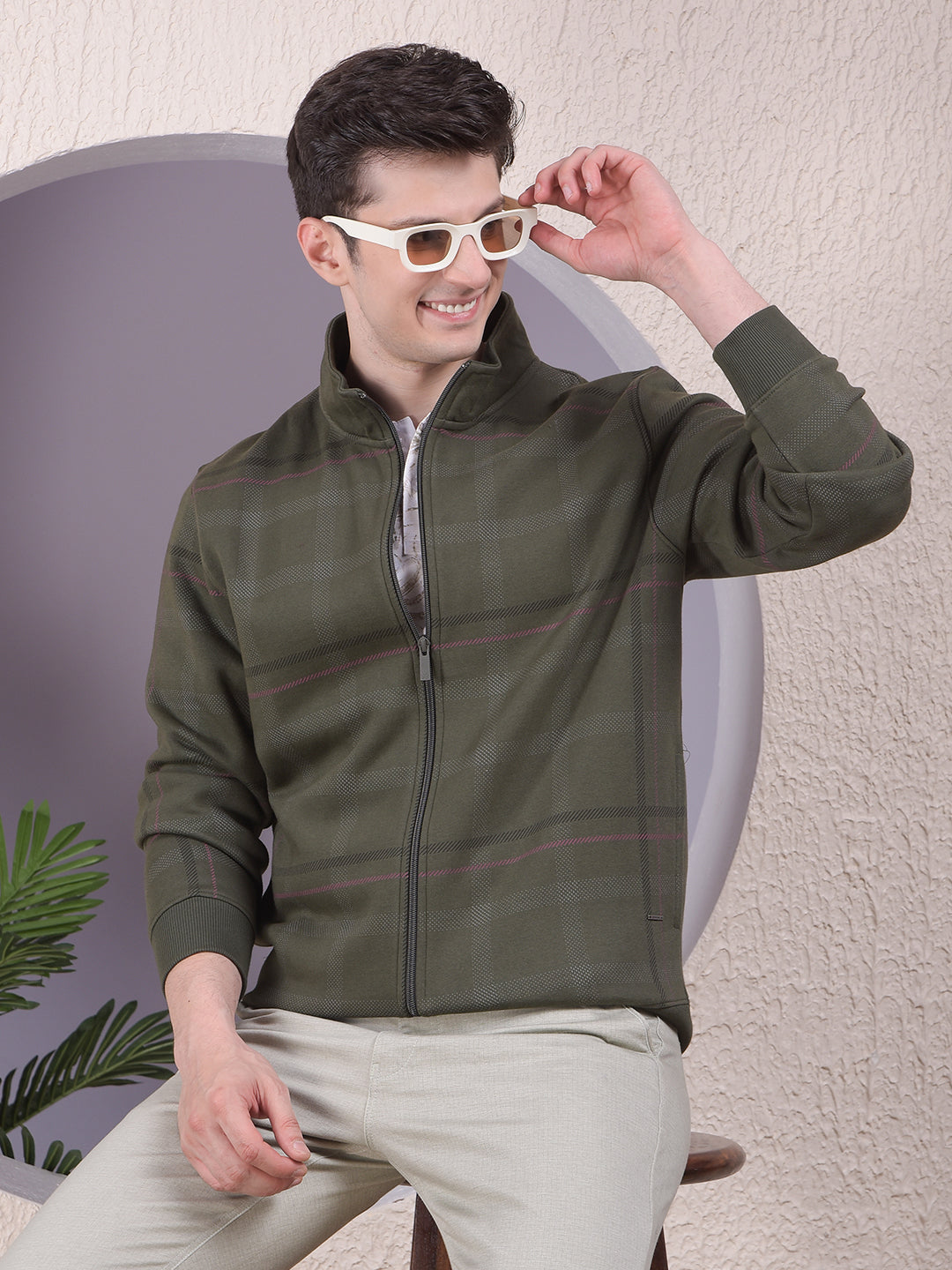Classy Olive Checked Sweatshirt