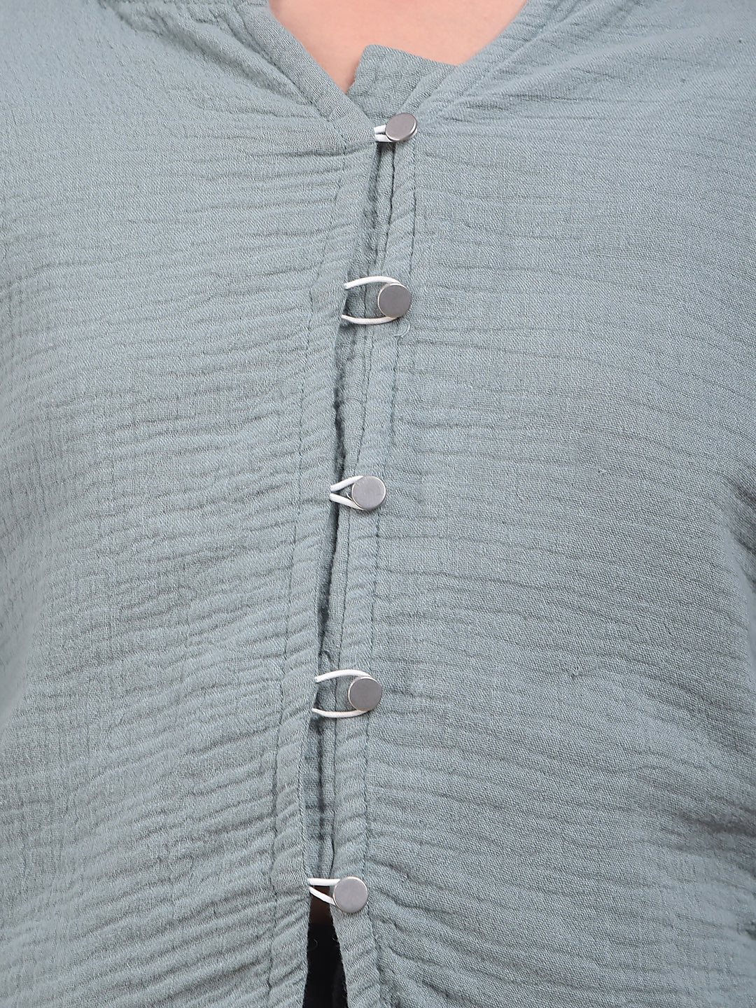 Green Textured V-Neck Top