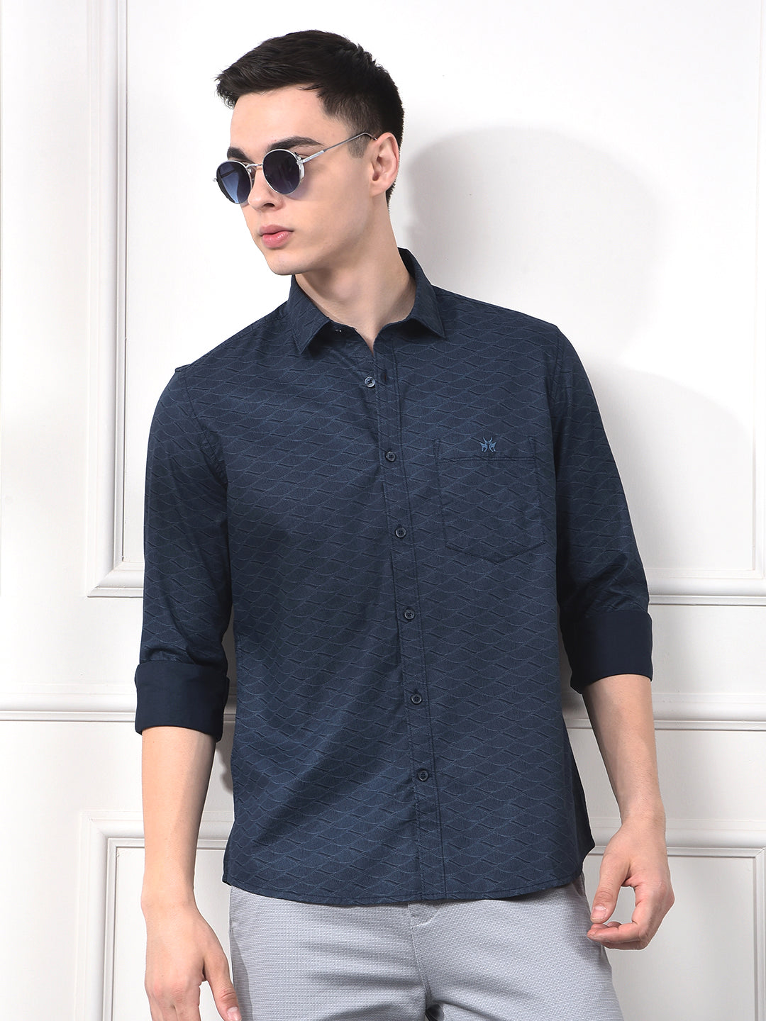 Navy Blue Printed 100% Cotton Shirt