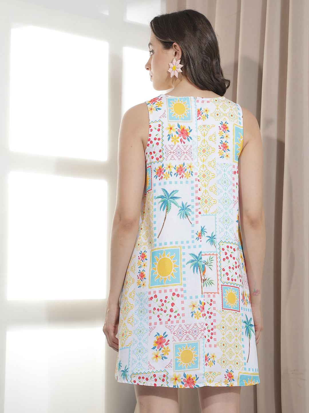 Multi-Color Printed Sleeveless Linen A-Line Mini Dress