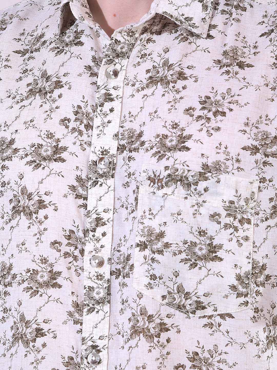 Beige Linen Floral Print Shirt