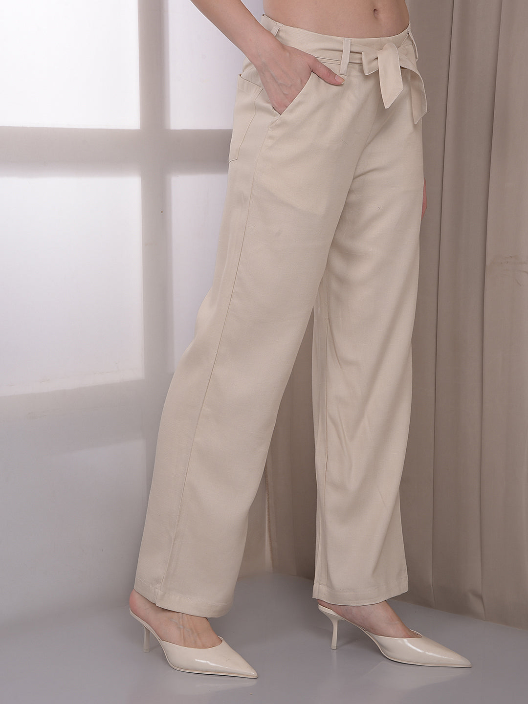 Beige Wide Leg Casual Trousers With Belt