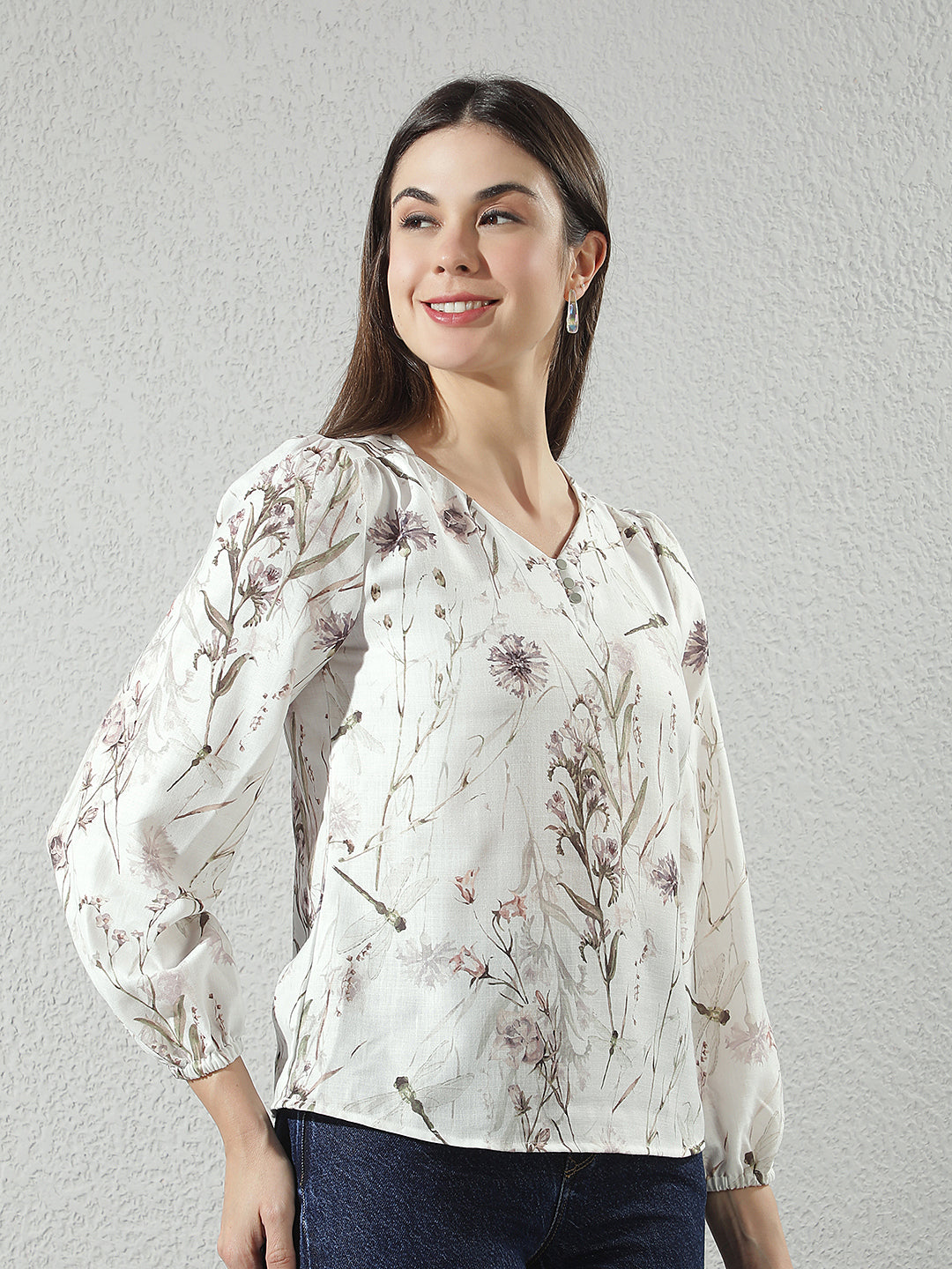 Multi-Color Floral Print V-Neck Top