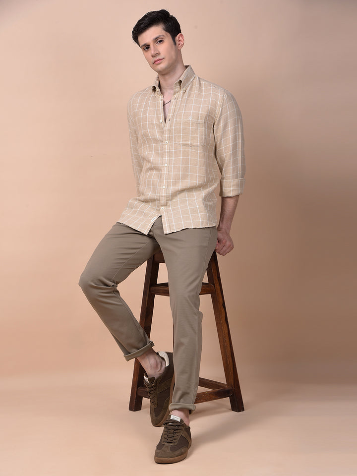 Beige Checked 100% Cotton Shirt