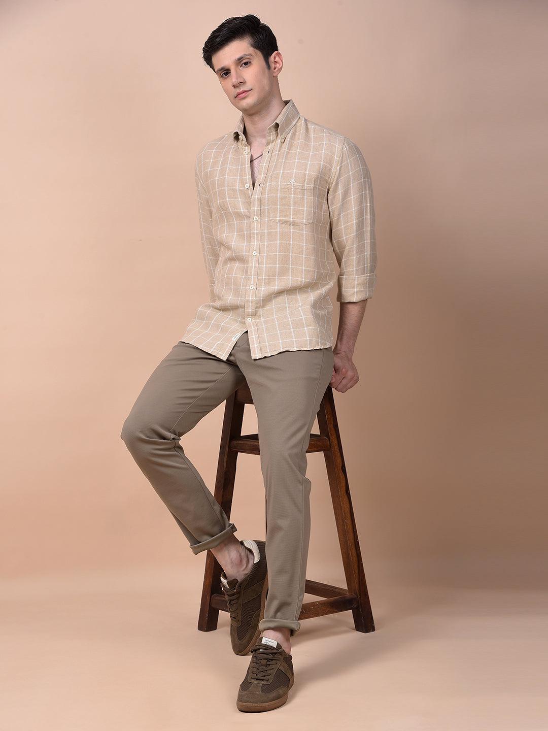 Beige Checked 100% Cotton Shirt