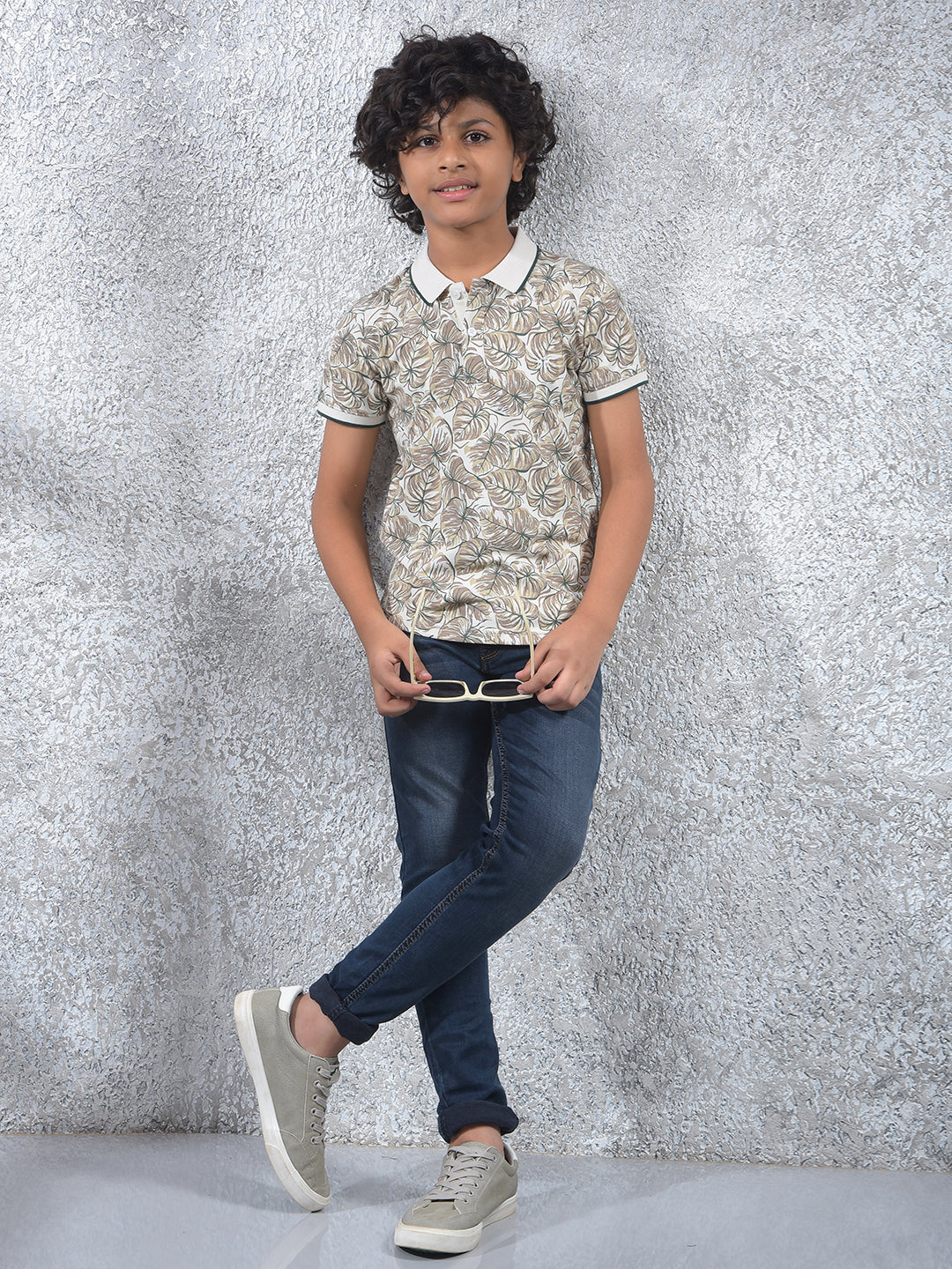 Beige Floral Print Polo Neck T-Shirt