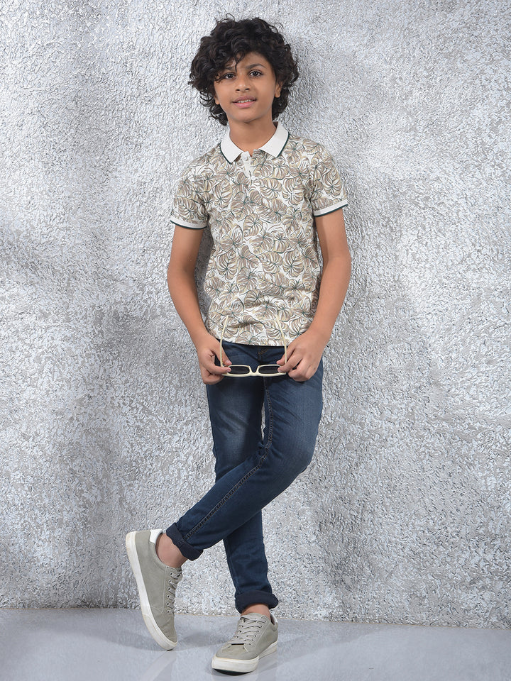 Beige Floral Print Polo Neck T-Shirt