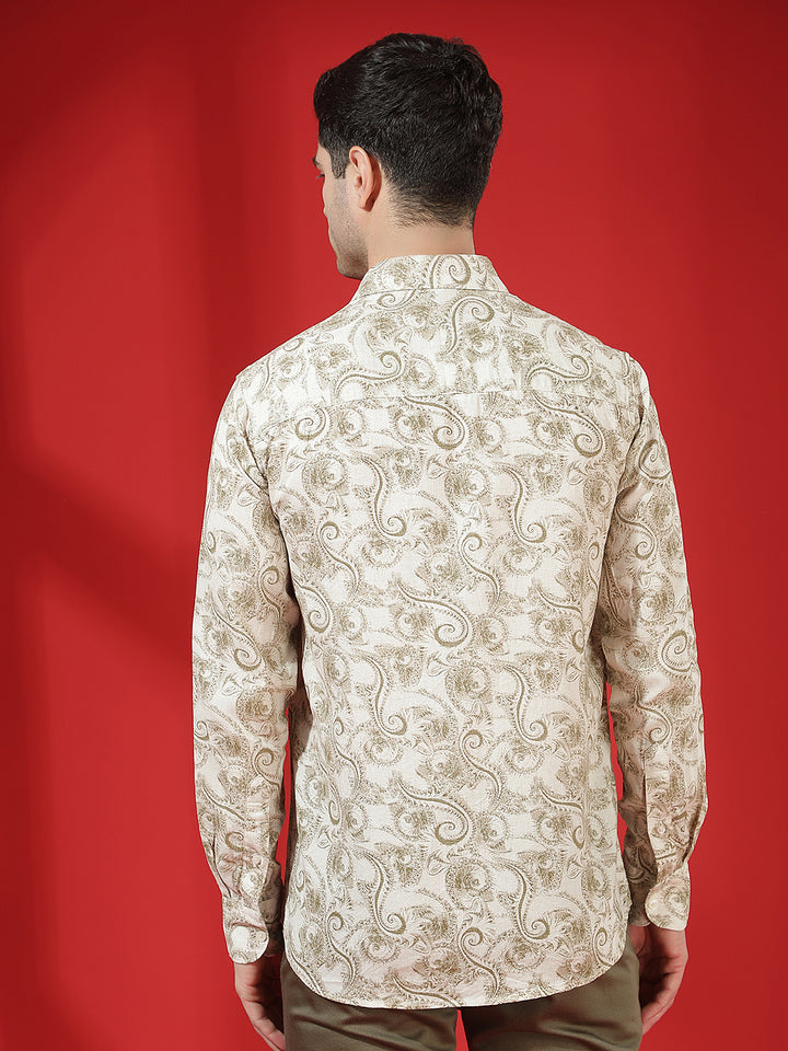 Olive Floral Print Linen Kurta