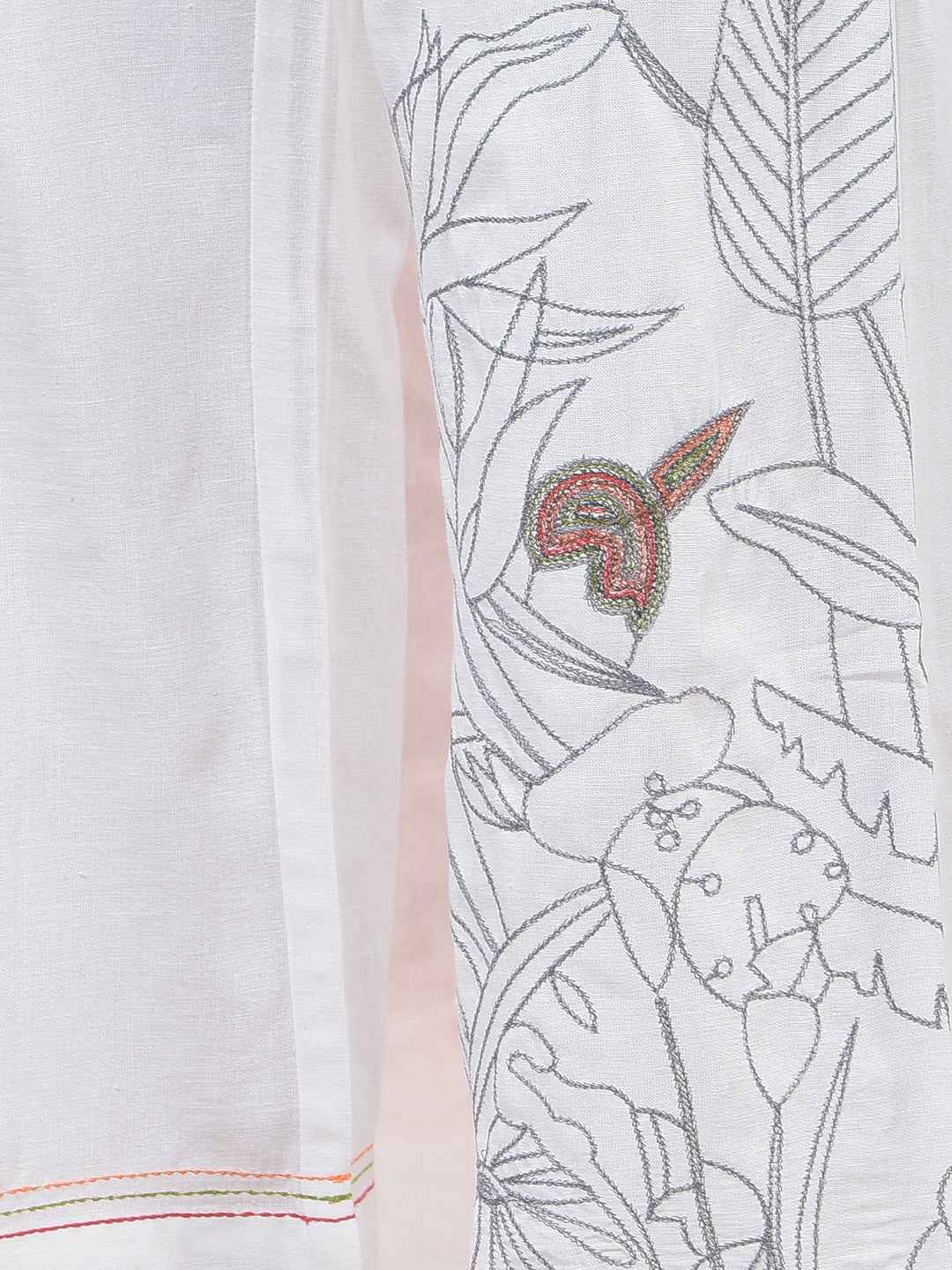 Off White Embroidered Wide Leg Casual Trousers