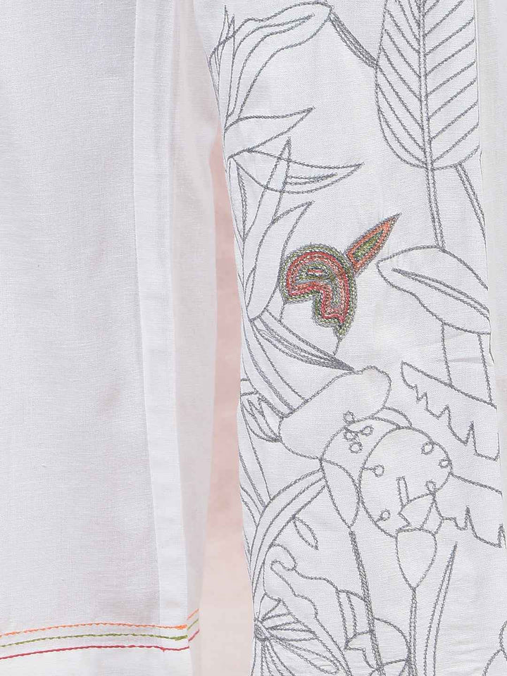 Off White Embroidered Wide Leg Casual Trousers