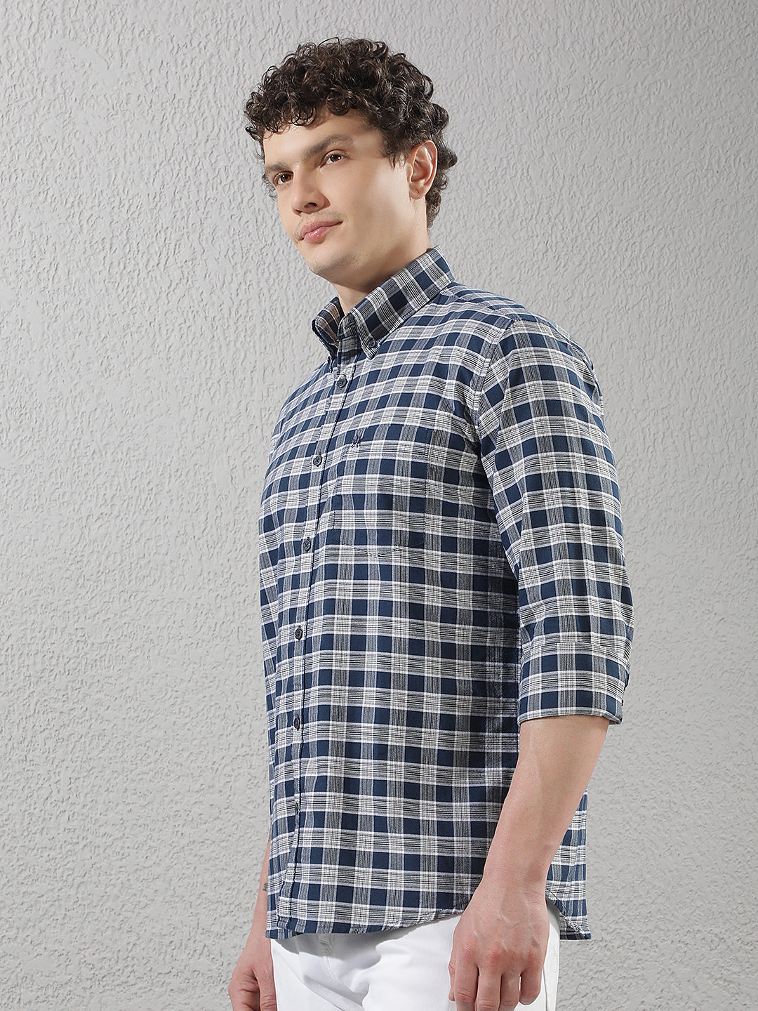 Navy Blue Checked Button-Down Collar 100% Cotton Shirt
