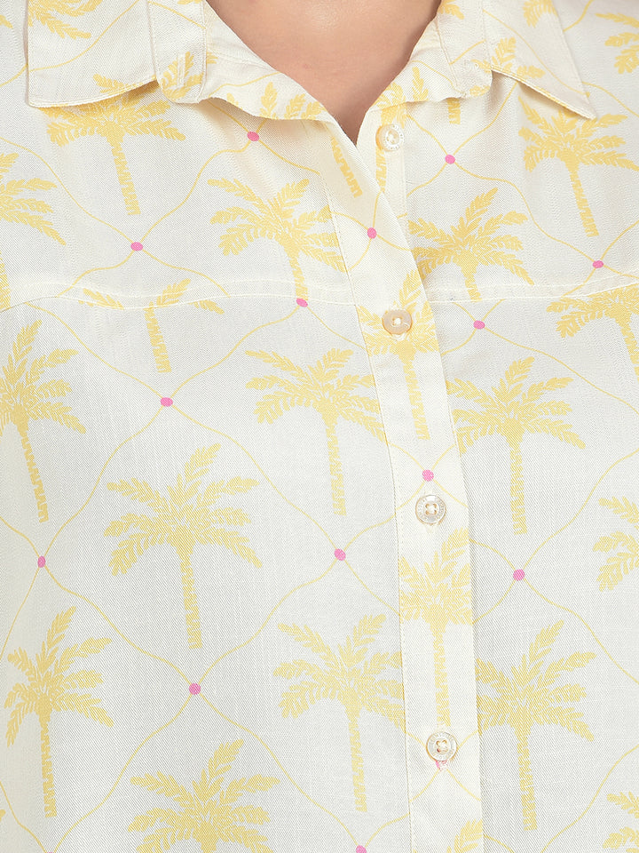 Printed Yellow Crop Shirt With Extended Sleeves