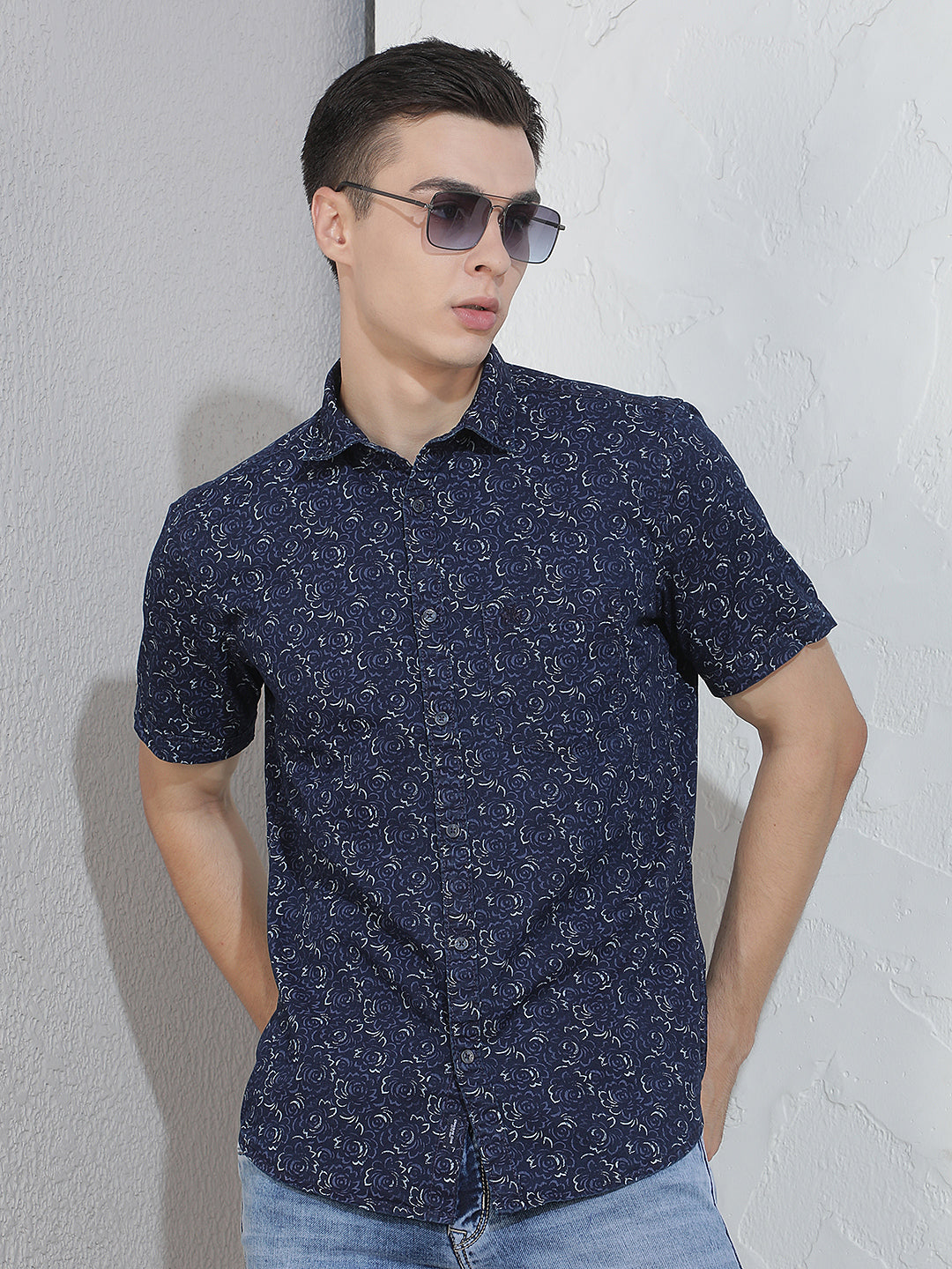 Blue Floral Print 100% Cotton Shirt