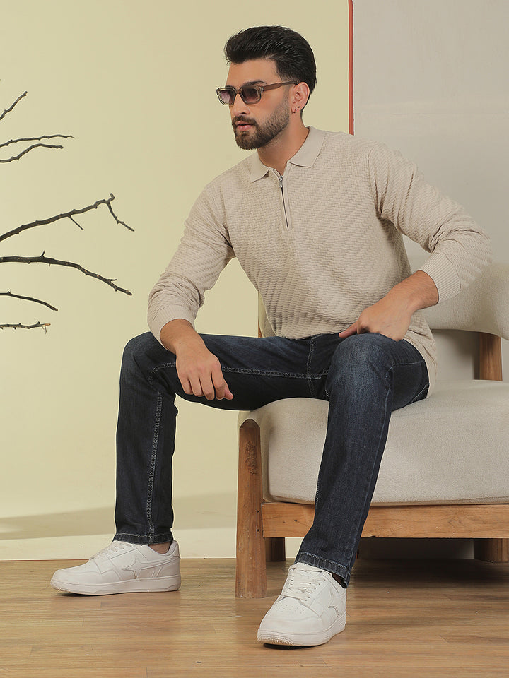 Beige 100% Cotton Knitted Polo Neck Sweater