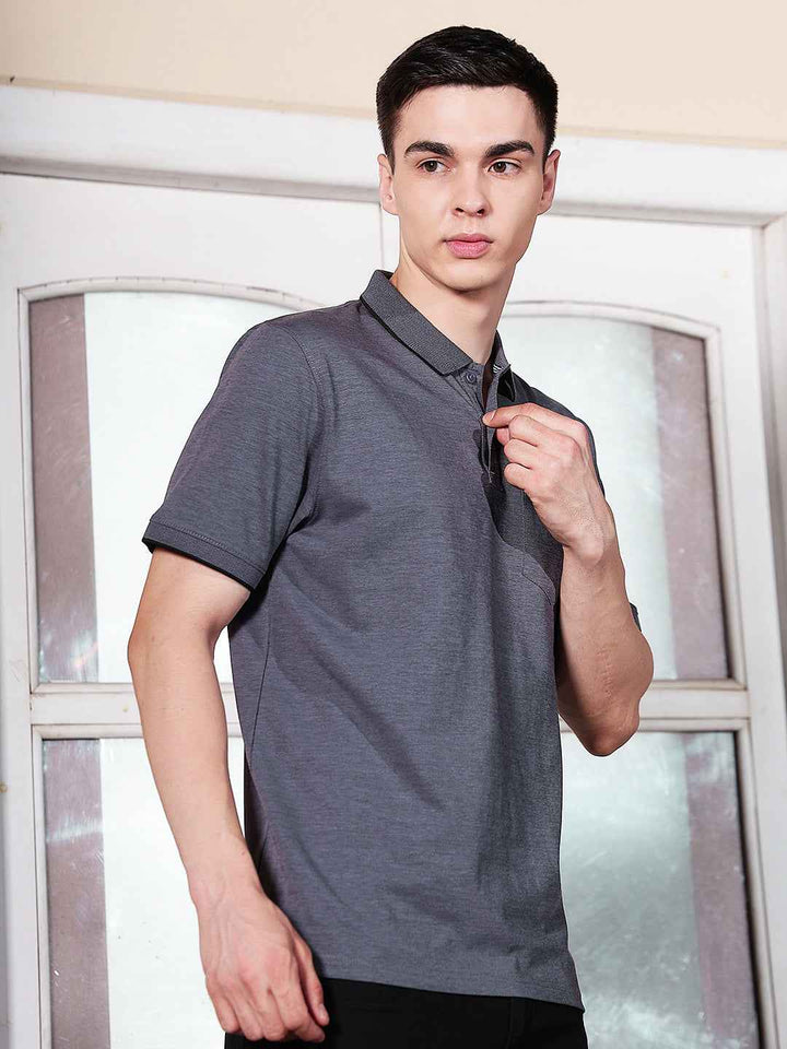 Blue Textured Polo Neck T-Shirt