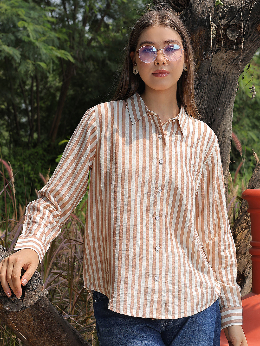 Minimalist Warm Brown Striped Shirt