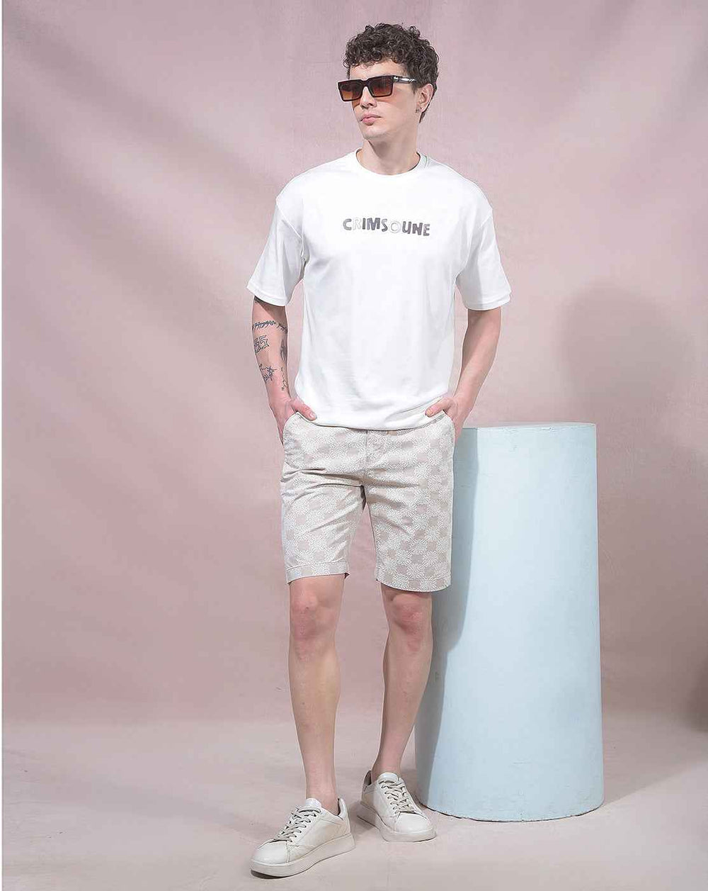 Beige Floral Print 100% Cotton Shorts