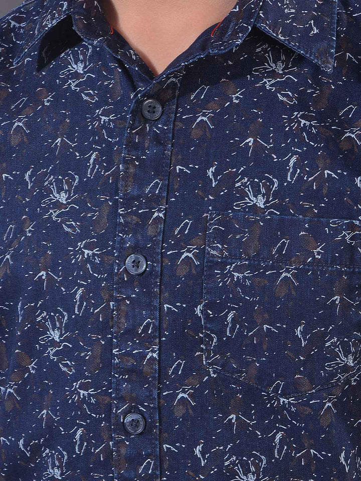 Navy Blue Floral Print 100% Cotton Shirt