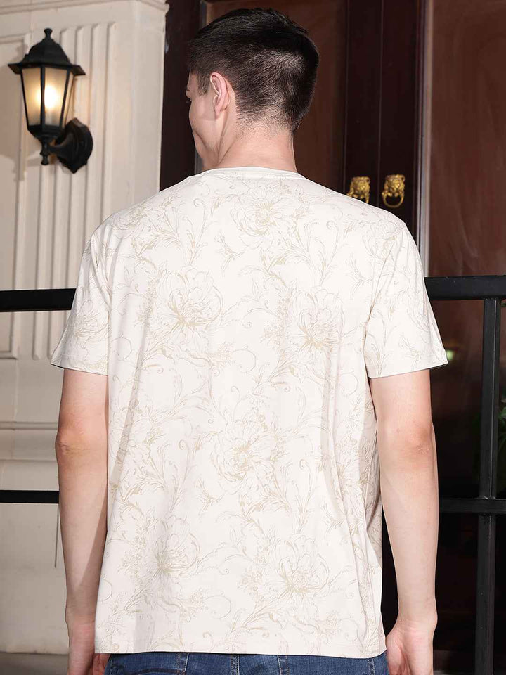 Off White Round Neck Floral Printed T-Shirt
