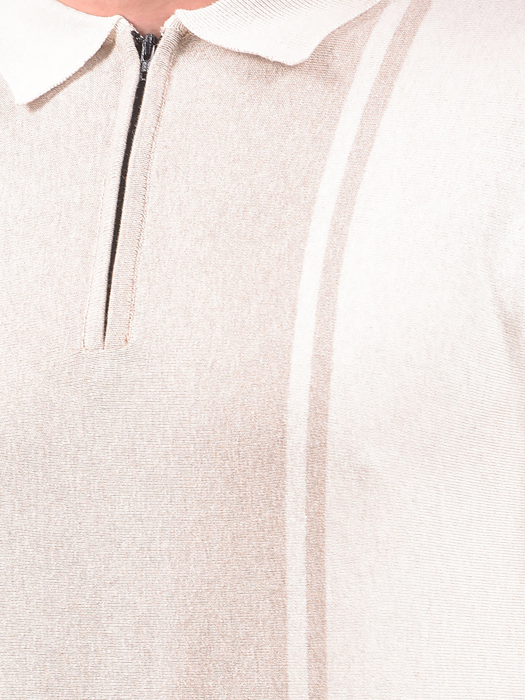 Beige Vertical Stripes Polo Neck T-Shirt