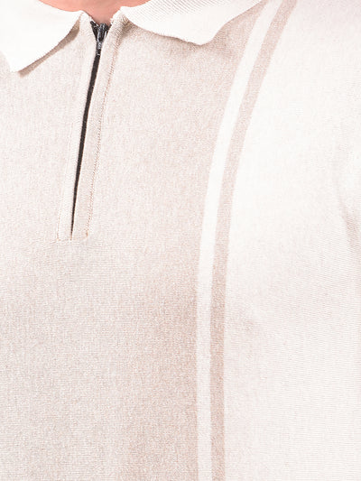 Beige Vertical Stripes Polo Neck T-Shirt