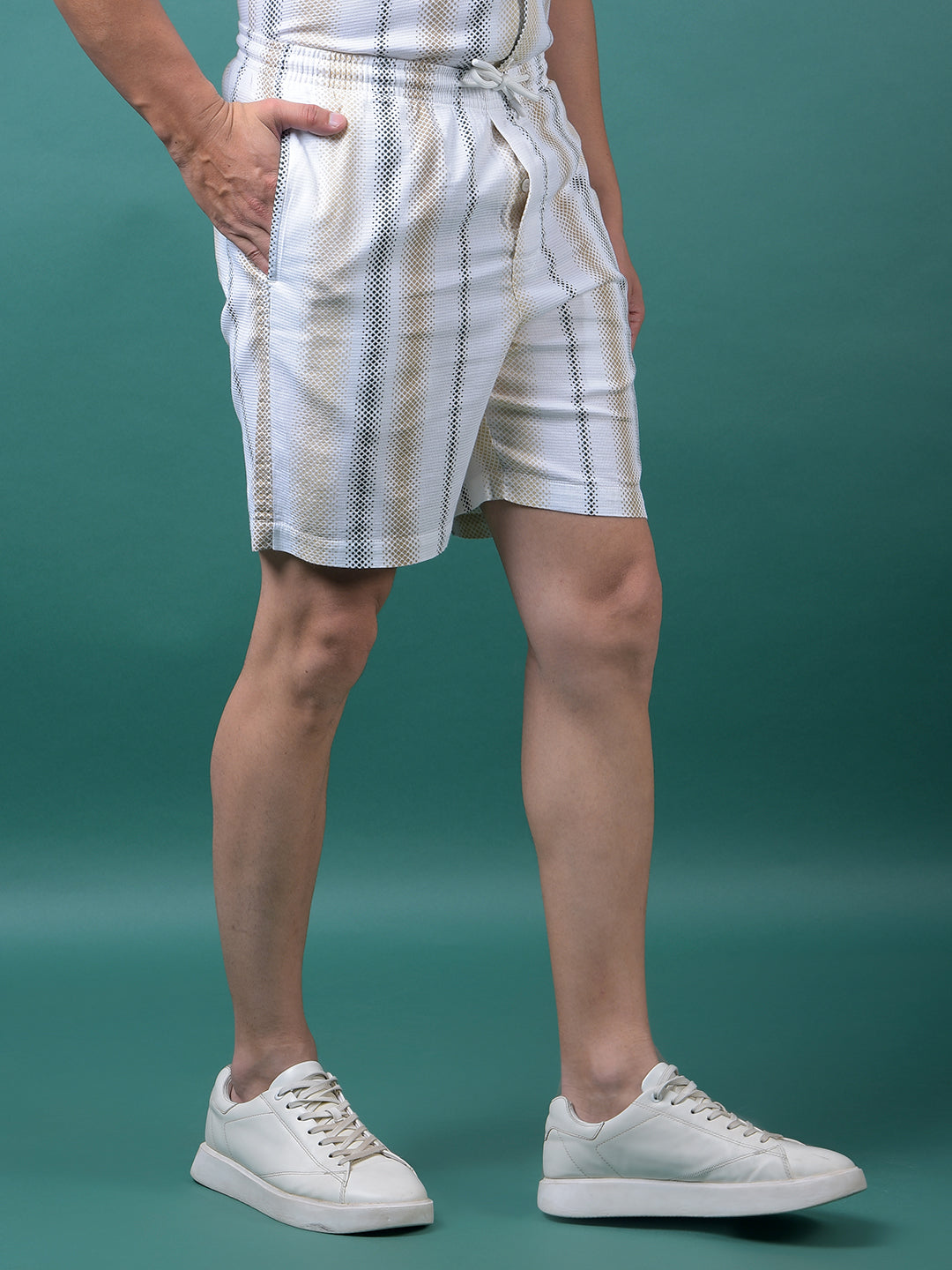 Beige Vertical Stripes 100% Cotton Shorts