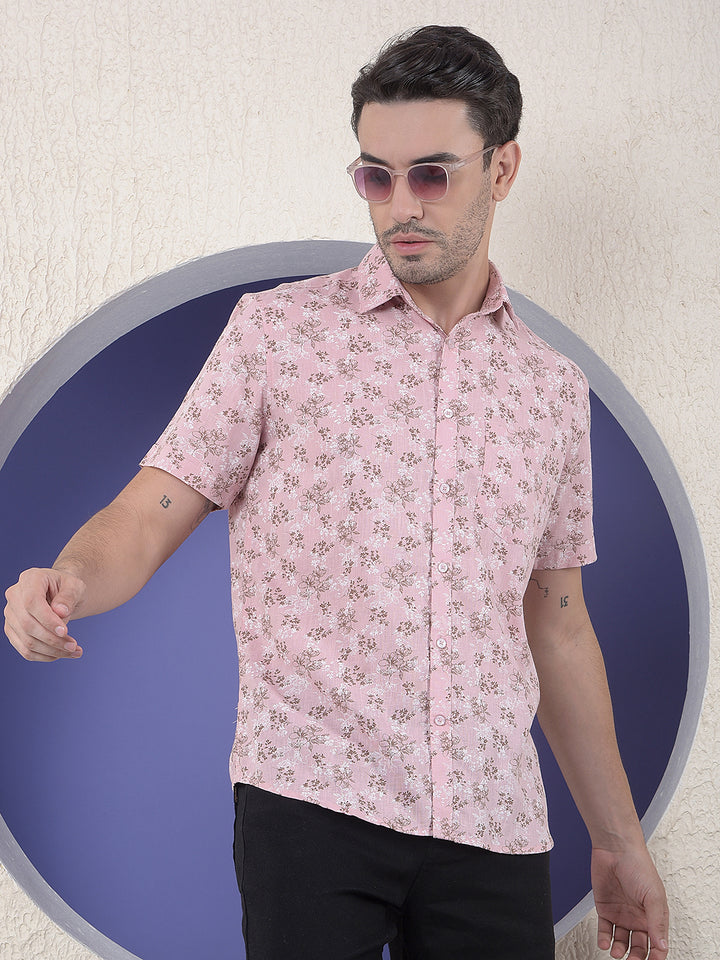 Peach Floral Printed Linen Shirt
