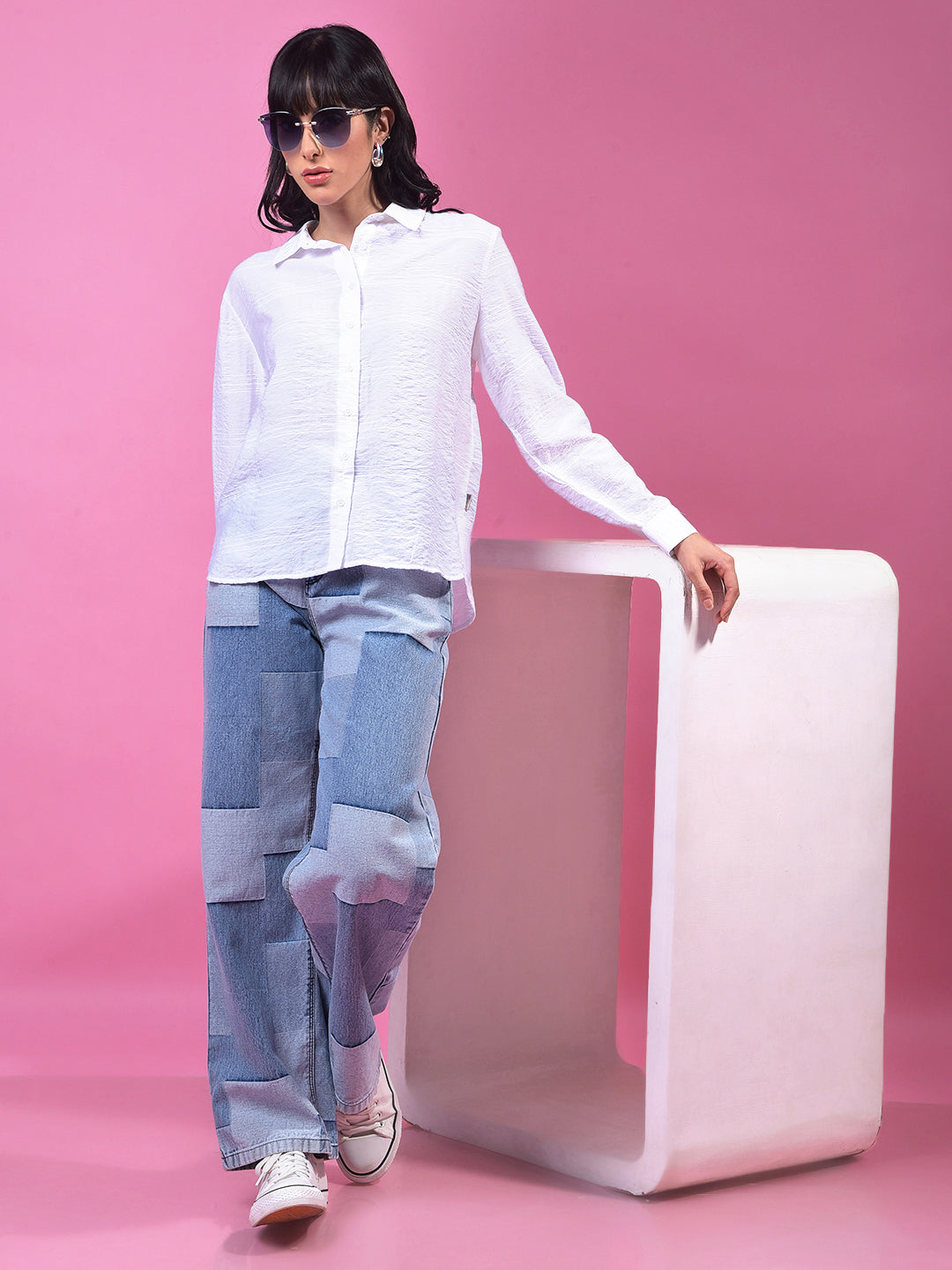 White Horizontal Stripes Shirt-Women Shirts-Crimsoune Club