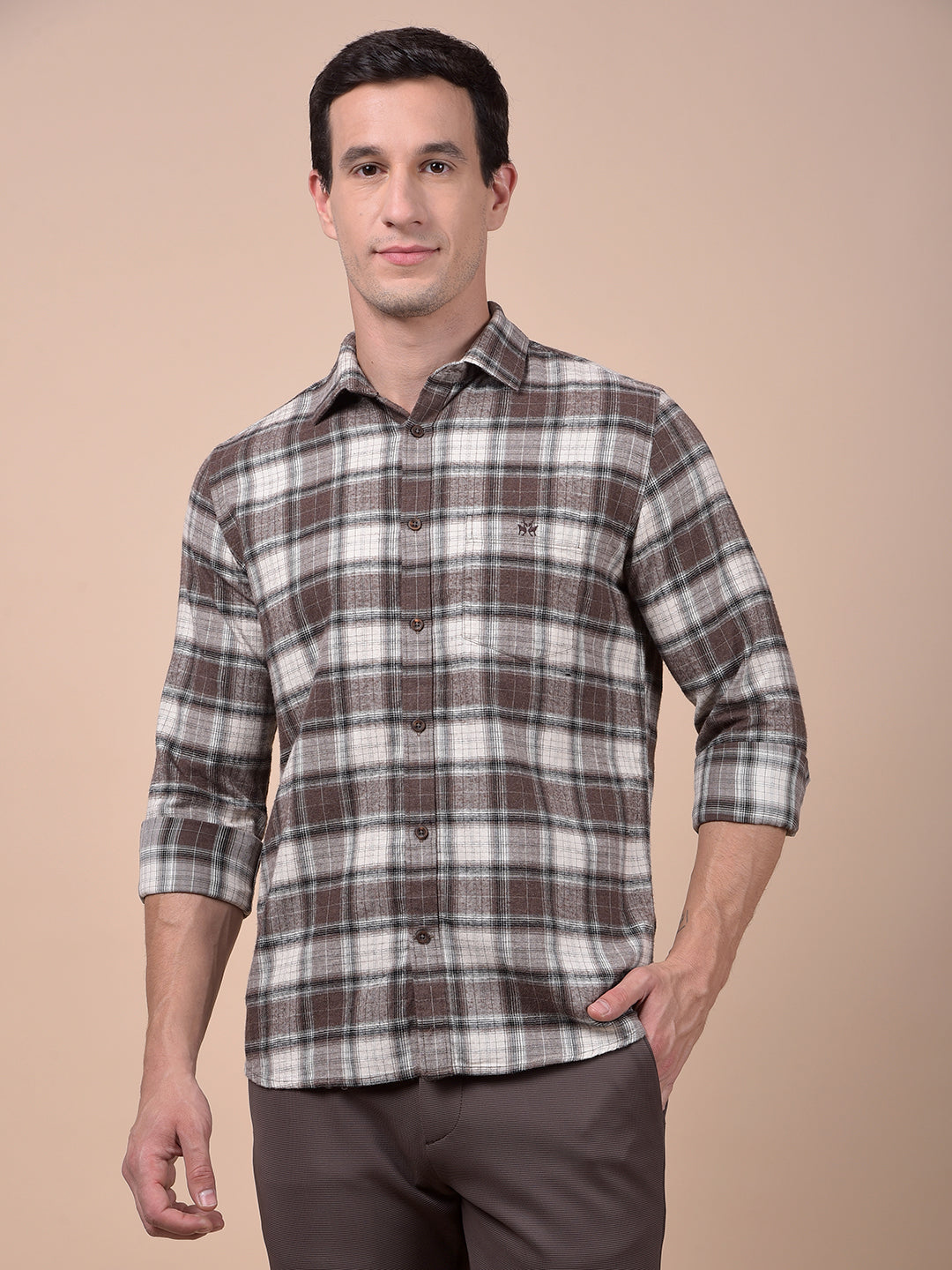 Brown Checked 100% Cotton Shirt