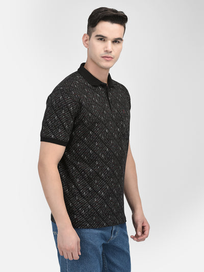 Black Printed 100% Cotton Polo Neck T-Shirt