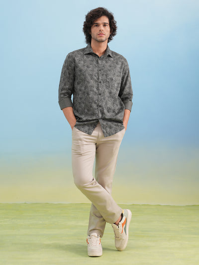Grey Floral Print 100% Cotton Shirt