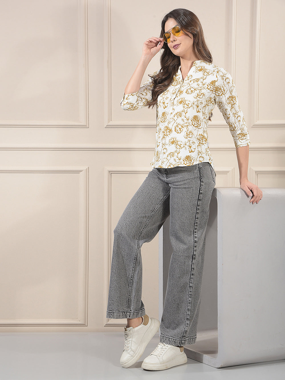 Olive Floral Print V-Neck 100% Cotton Top