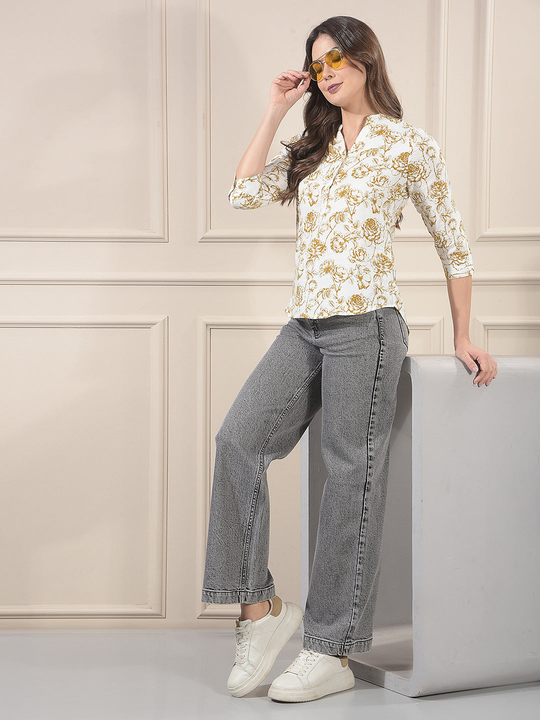 Olive Floral Print V-Neck 100% Cotton Top